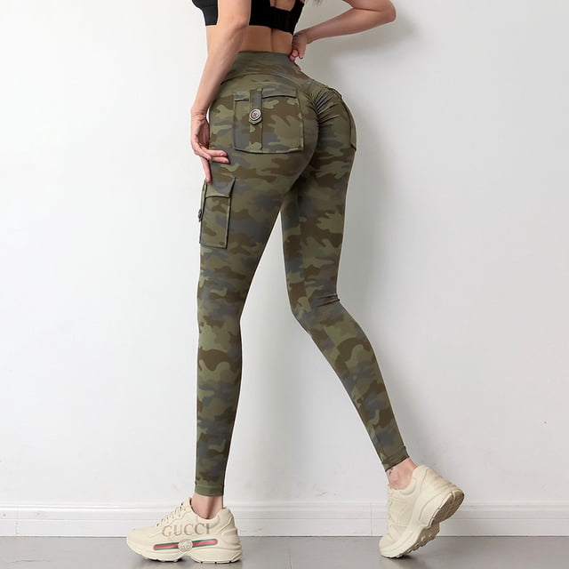 Pantalones de trabajo de camuflaje con bolsillos y cintura alta para mujer, pantalones deportivos de secado rápido para correr y yoga