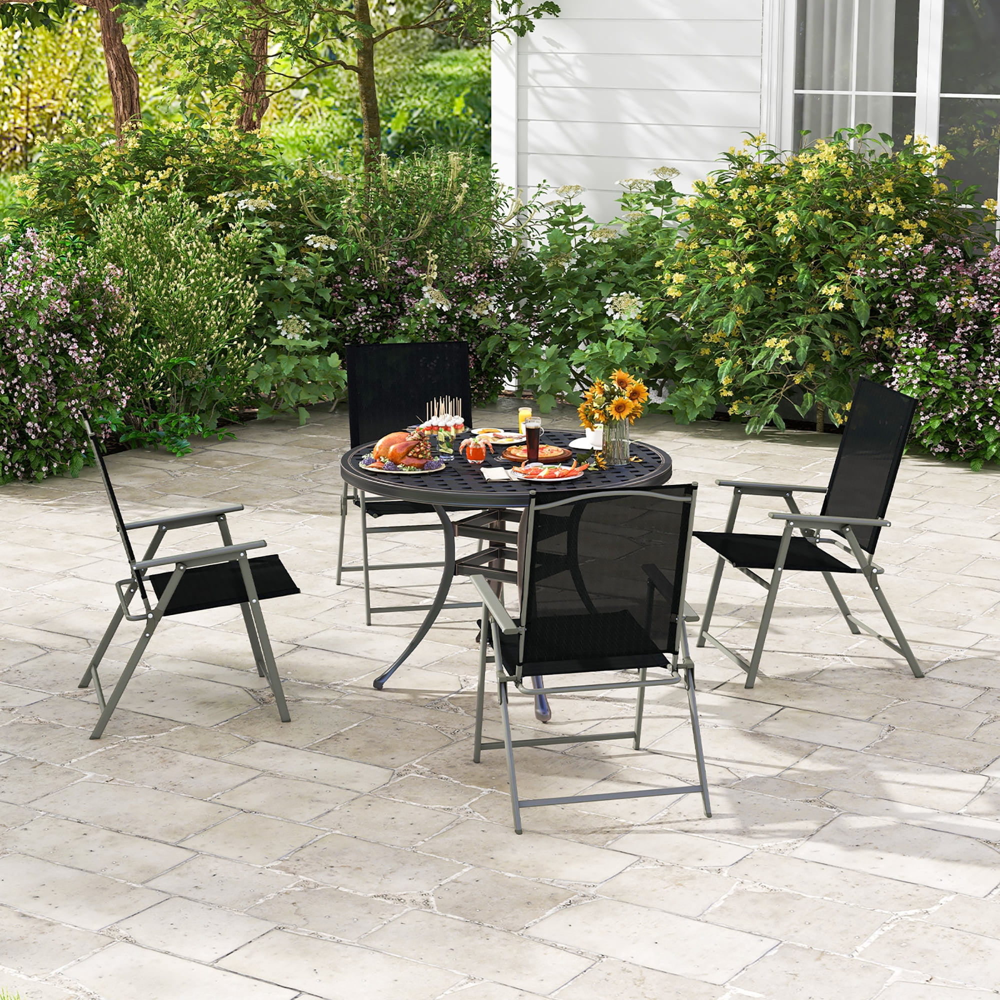 Costway 4pcs Patio Folding Portable Dining Chairs Metal Frame Armrests Garden Black