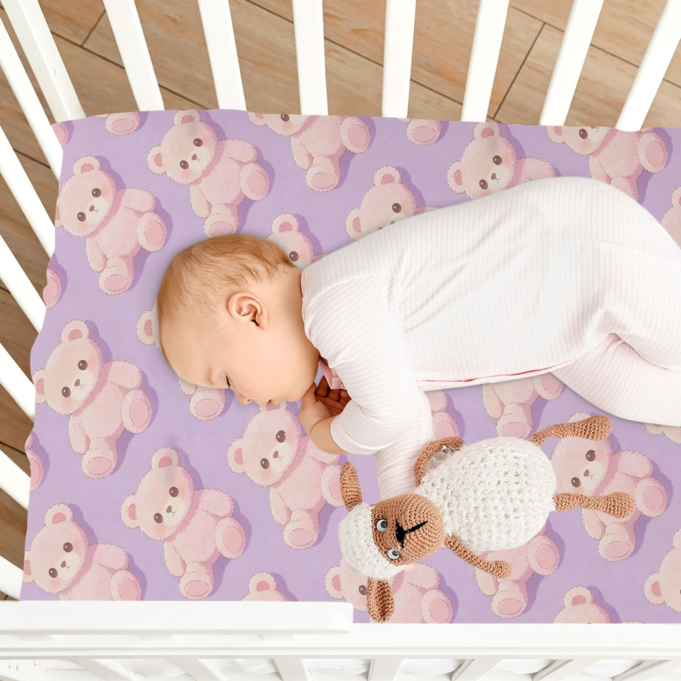 Baby Essentials 52”x 28”- Standard Cotton-like Modal Elastic- Purple Bear Design Crib Sheets for Newborns and Toddlers