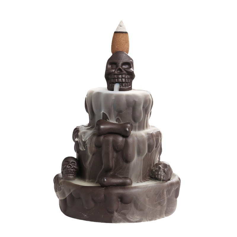 Cake Skull Backflow Incense Burner Skull Cake Incense Stick Holder Flow Censer Skull Cake Incense Stick Organizer Flowing Waterfall Incense Burner for Home Office Decors