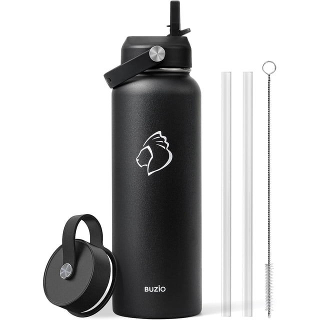 BUZIO 40oz Reusable Stainless Steel Water Bottle, Vacuum Insulated, Wide Mouth Sports Bottle with Straw Lid, BPA Free