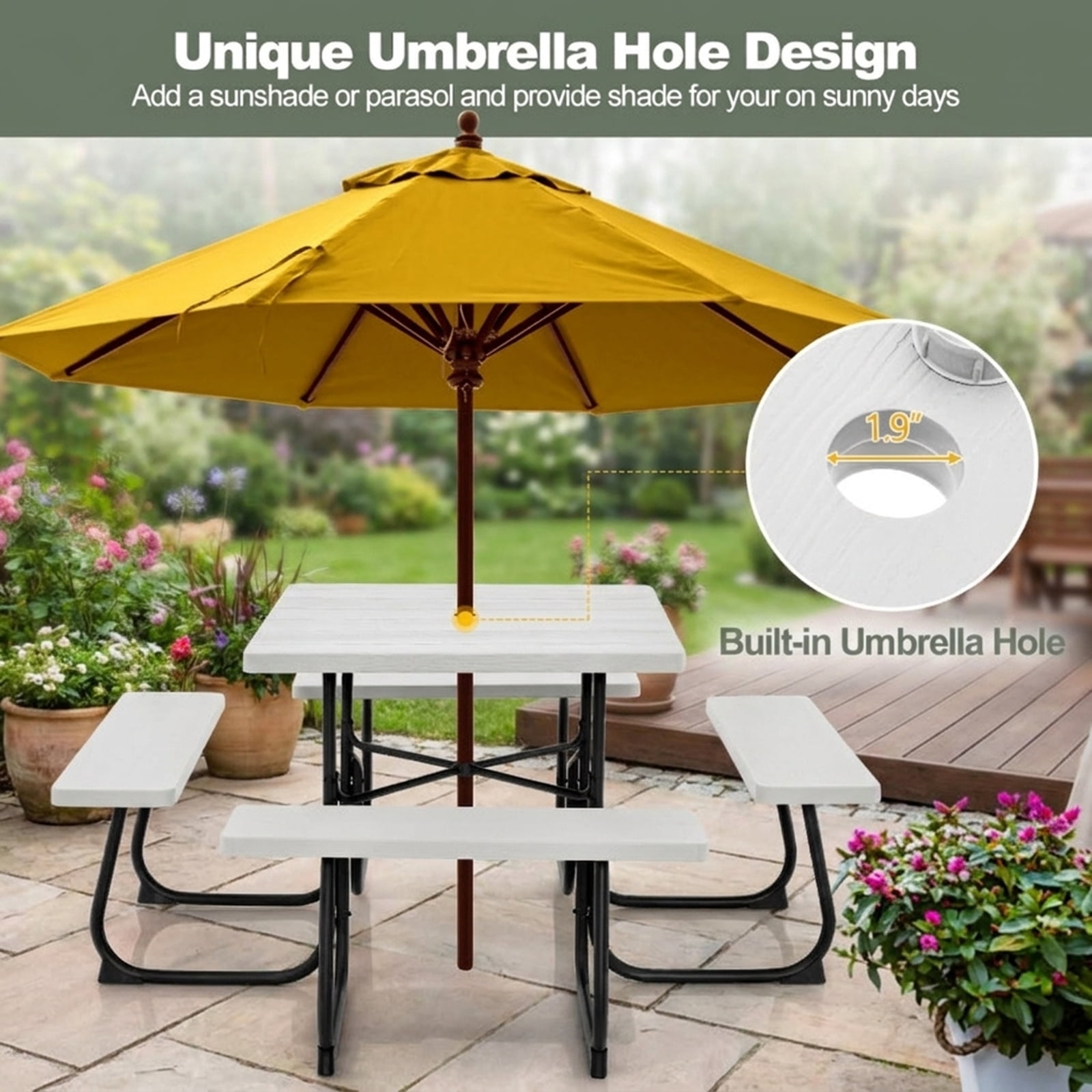 Biotree Outdoor Picnic Table with 4 Benches and Umbrella Hole 67-Inch Round Metal and HDPE Patio Table for Backyard Garden and Deck, White