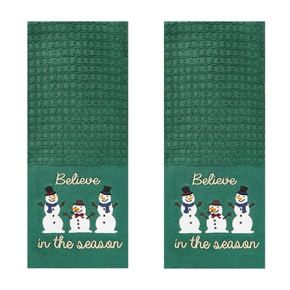 Winter Wonder Lane Kitchen Towels, 2-Pack, Green Snowman Design, Waffle Style Washable Cotton