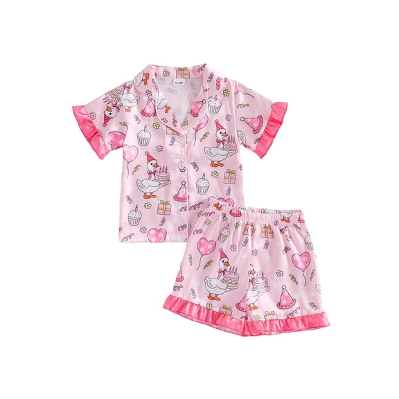 BemeyourBBs Kids Toddler Baby Girls Birthday Outfit Pajamas Set PJS Sleepwear Cute Goose Cake Print Short Sleeve Button Down Shirt Top and Shorts Set Homewear Loungewear