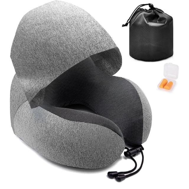 Almohada de viaje con espuma viscoelástica y capucha, cómoda almohada para el cuello con capucha