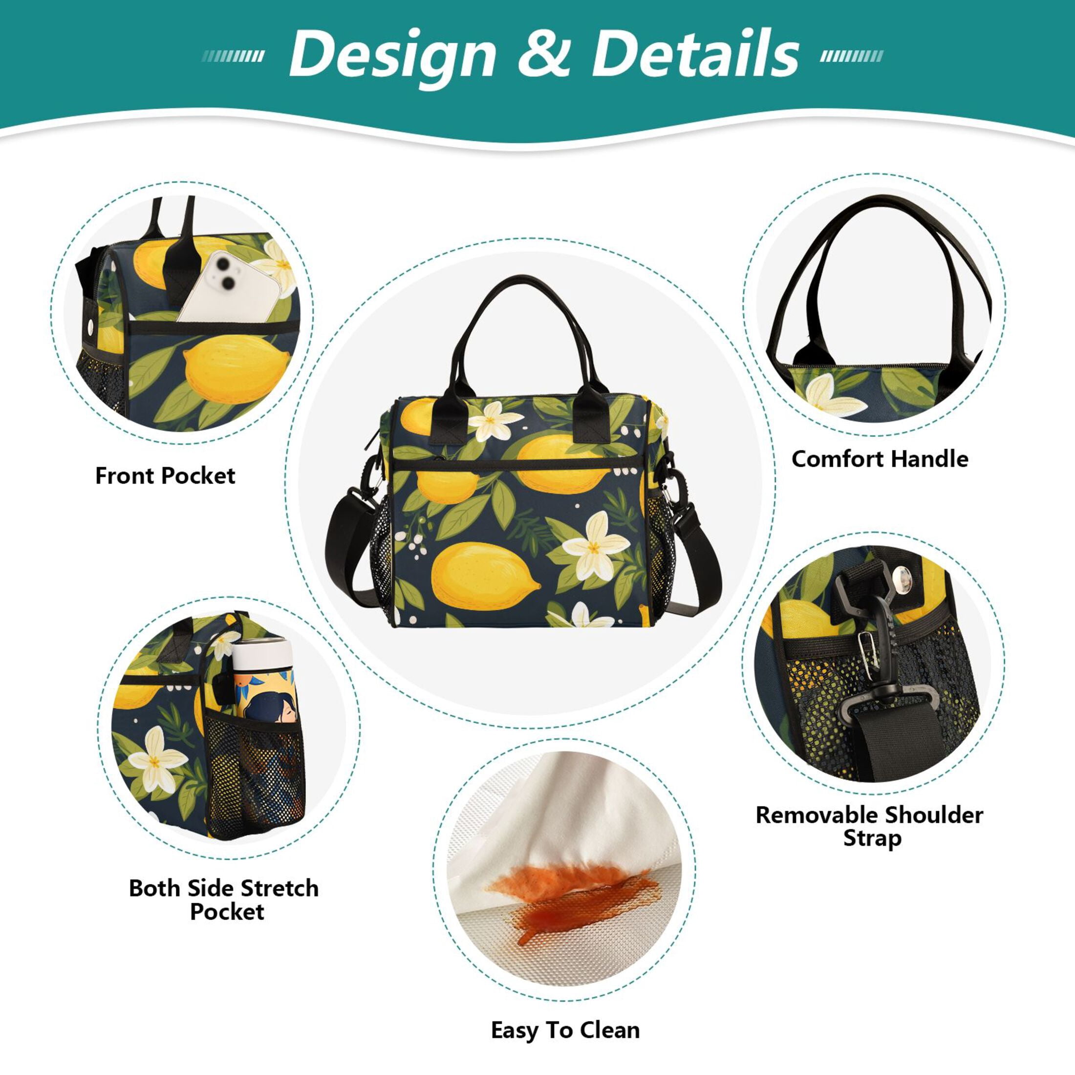 Lemon and Plumeria Flower Lunch Bag Insulated Lunch Box Leakproof Reusable Cooler Tote Adjustable Shoulder Strap for Men Women 12L