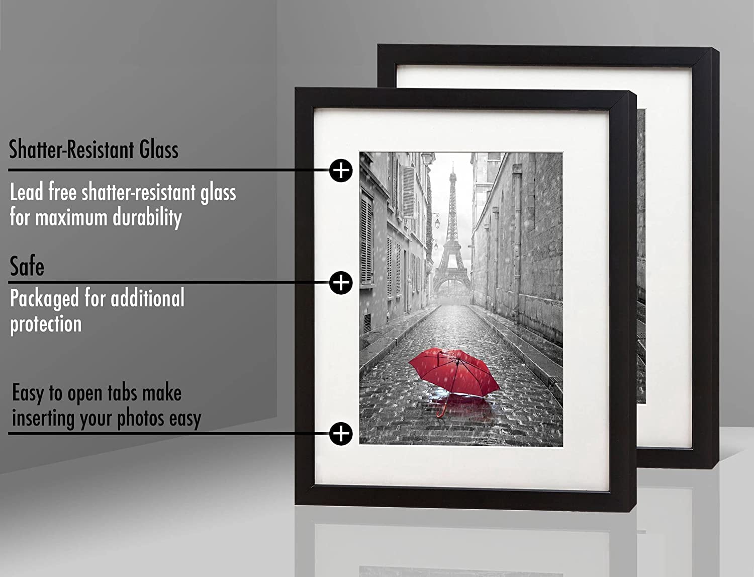 Americanflat 11x13 Picture Frame with Mat for 8x10, MDF wood and shatter-resistant glass, Black, 2 Pack