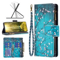 Allytech Wallet Case Compatible with iPhone 14 (6.1 inch) 2022, 9 Card Holder & Zipper Pocket PU Leather Anti-Shock Kickstand Case with Hand Strap for iPhone 14 5G, Plum Bossom