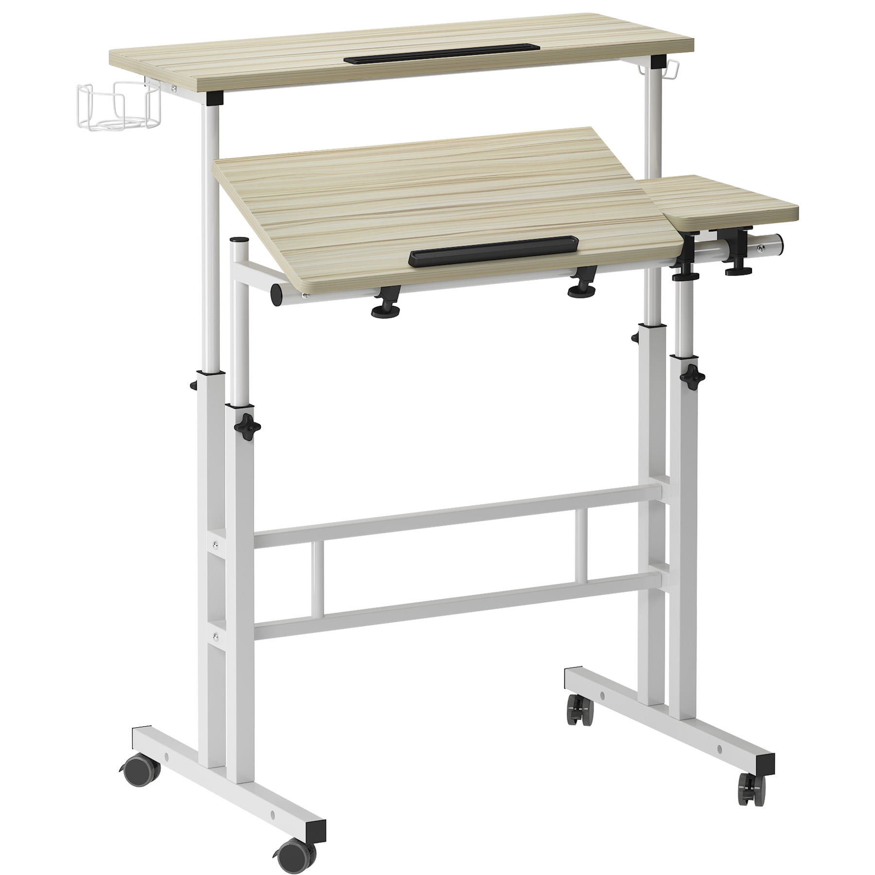 Soges Mobile Standing Desk with Cup Holder and Hooks, Portable Stand Up Desk, Adjustable Height Small Standing Desk, Rolling Desk with Wheels, Home Office Laptop Cart, Maple