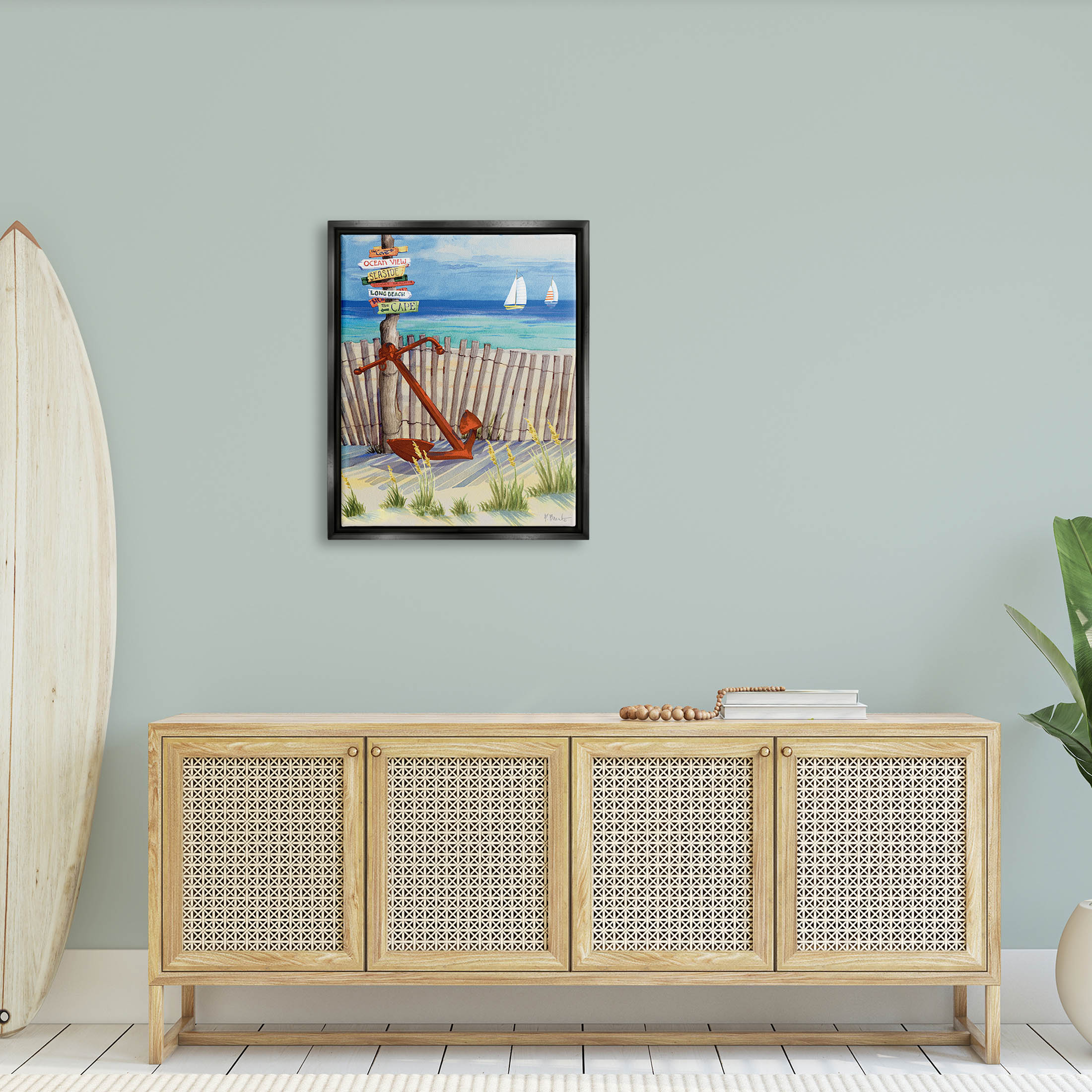 Anchor Leaning Beach Directions Sign Coastal Painting Jet Black Framed Art Print Wall Art