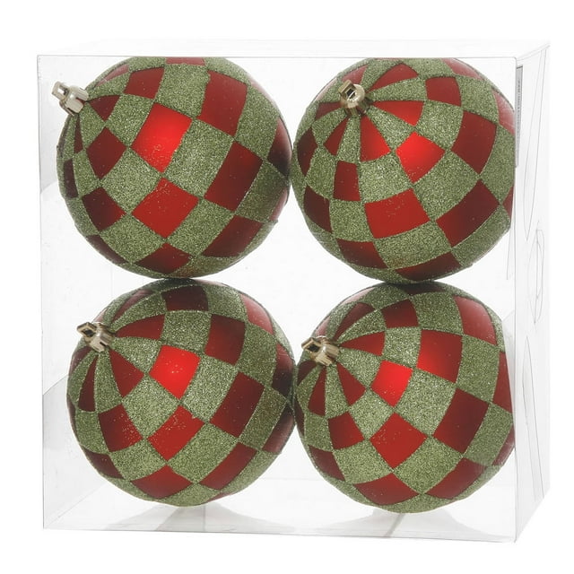 4ct Rouge et Vert Citron Damier Incassable Finition Boule de Noël Ornements 4.75" (120mm)