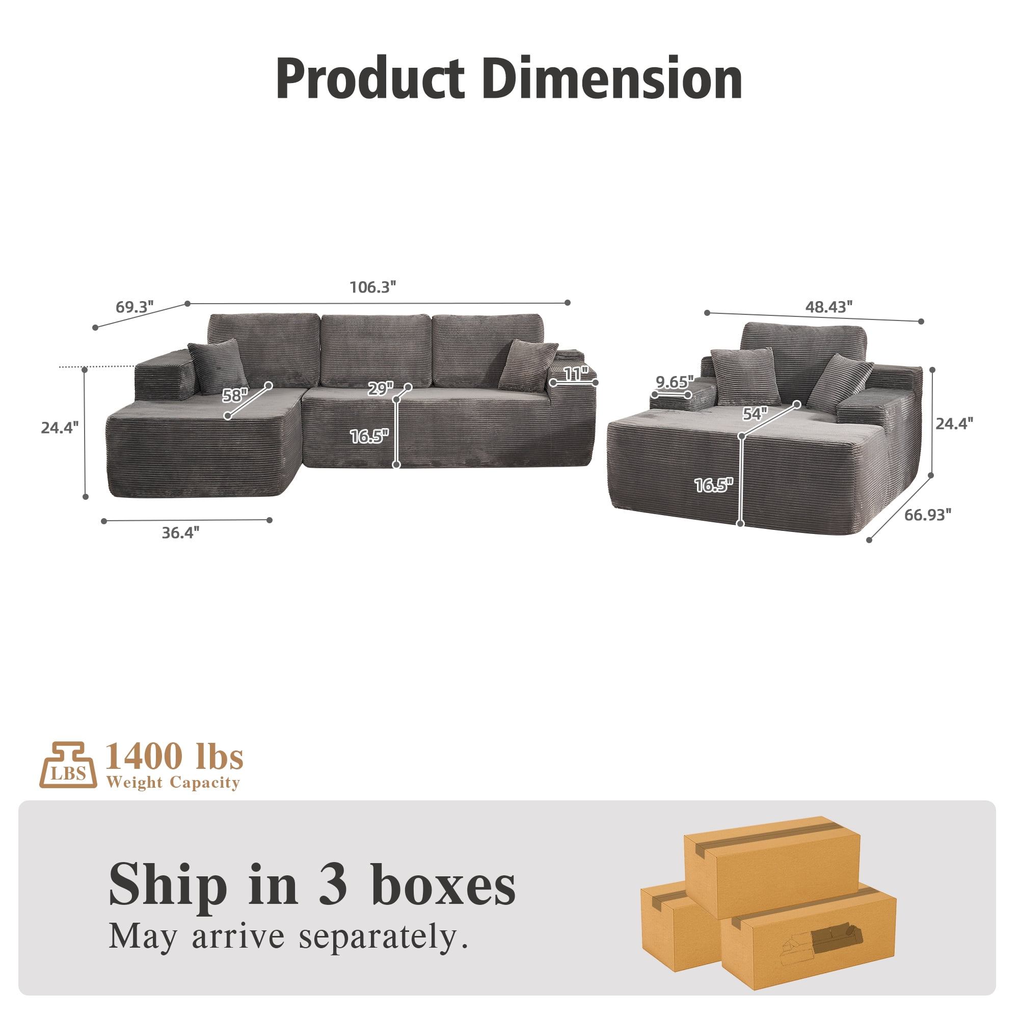 Ovios 106" Modular Cloud Couch Oversized Deep Seat Corduroy Sectional Sofa with Lounge Chair for Living Room, No Assembly, Gray