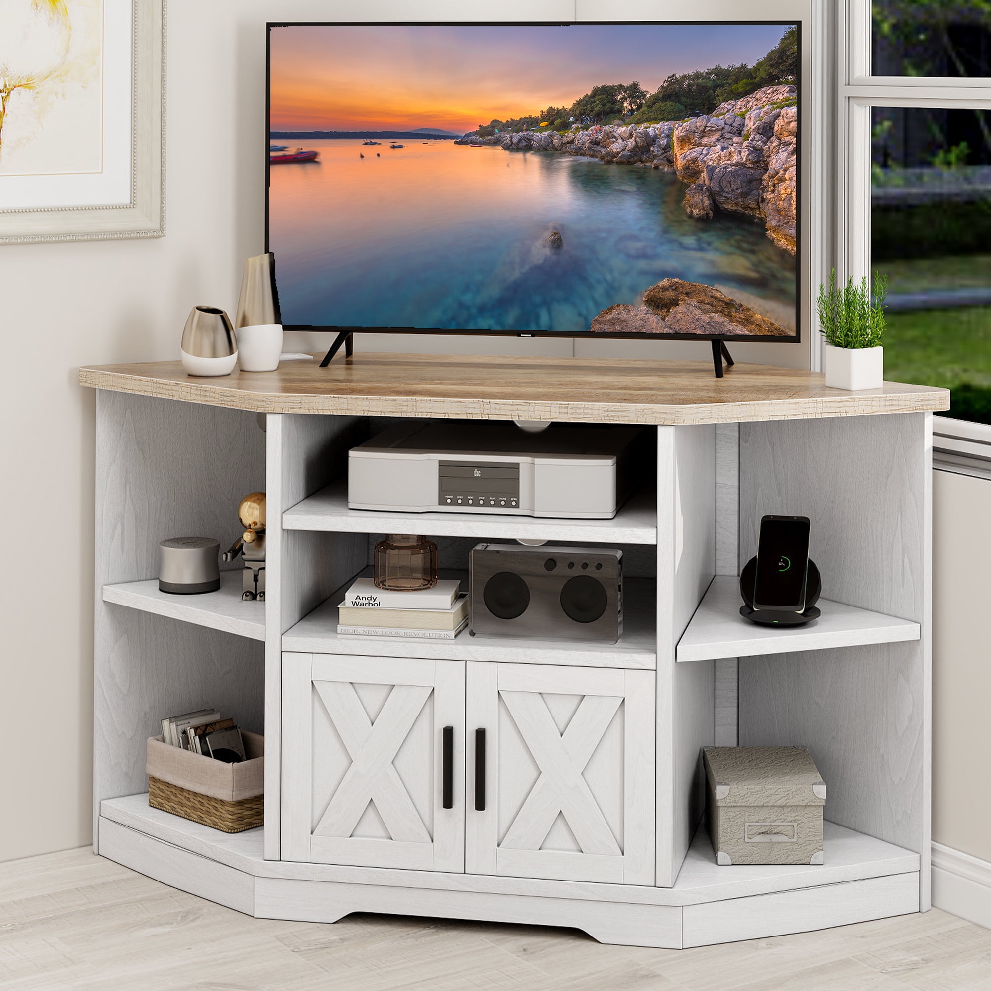 Dextrus Wood Farmhouse Corner TV Stand Cabinet for 55 inch TVs