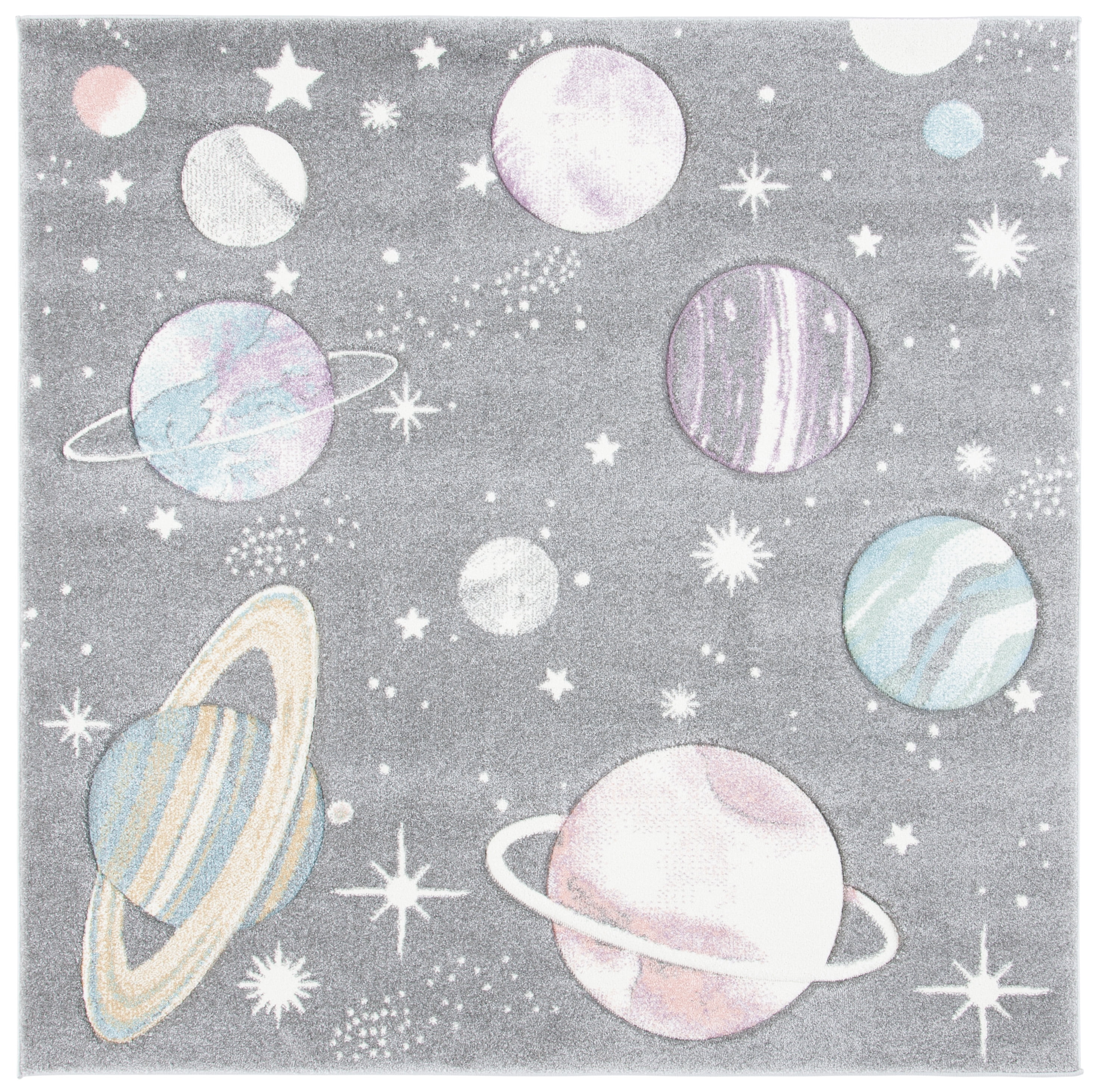 SAFAVIEH Carousel Kids World of Planets Area Rug, Gray/Lavender, 5'3" x 5'3" Square