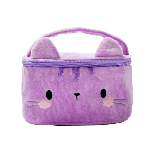 Claire's Fuzzy Cosmetics and Accessories Case Mask Purple Cat, with zipper closure and handle