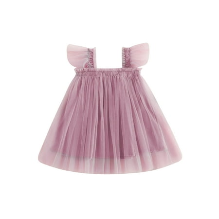 

Suanret Kids Toddler Girls Tulle Dress Fly Sleeve Solid Color Summer Dress Party Princess Dress Purplish Pink 12-18 Months
