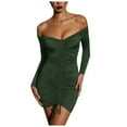 thumbnail image 2 of Fesfesfes Dresses for Women Bodycon Evening Gowns Off Shoulder Strapless Drawstring Pleated Skinny Dresses Solid Color Long Sleeve Party Mini Dresses, 2 of 7