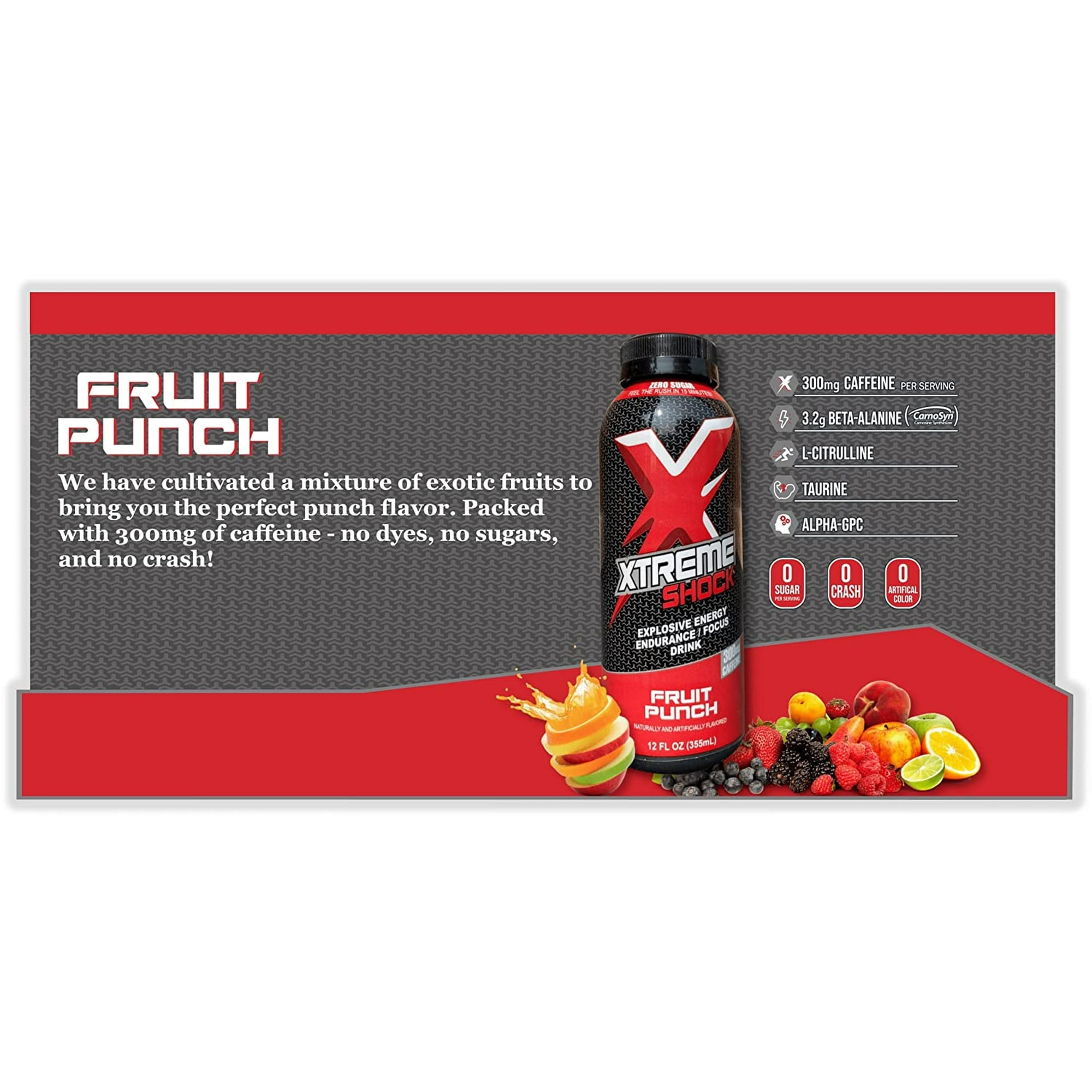 Xtreme Shock RTD Pre-Workout Energy Drink, Fruit Punch, Sugar Free 12 fl oz, Pack of 12