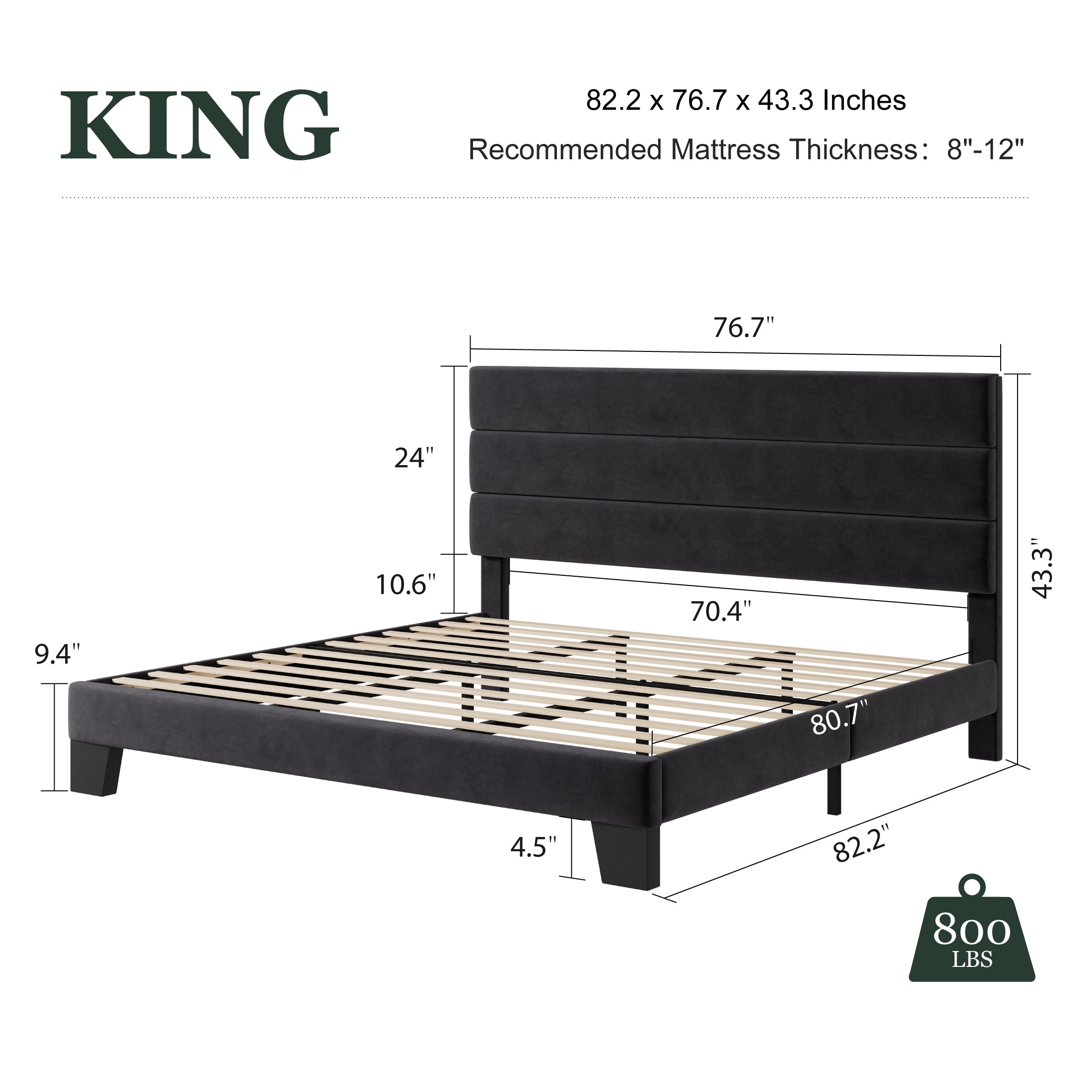 Amolife King Bed Frame, Platform Bed Frame with Velvet Upholstered Headboard, Black