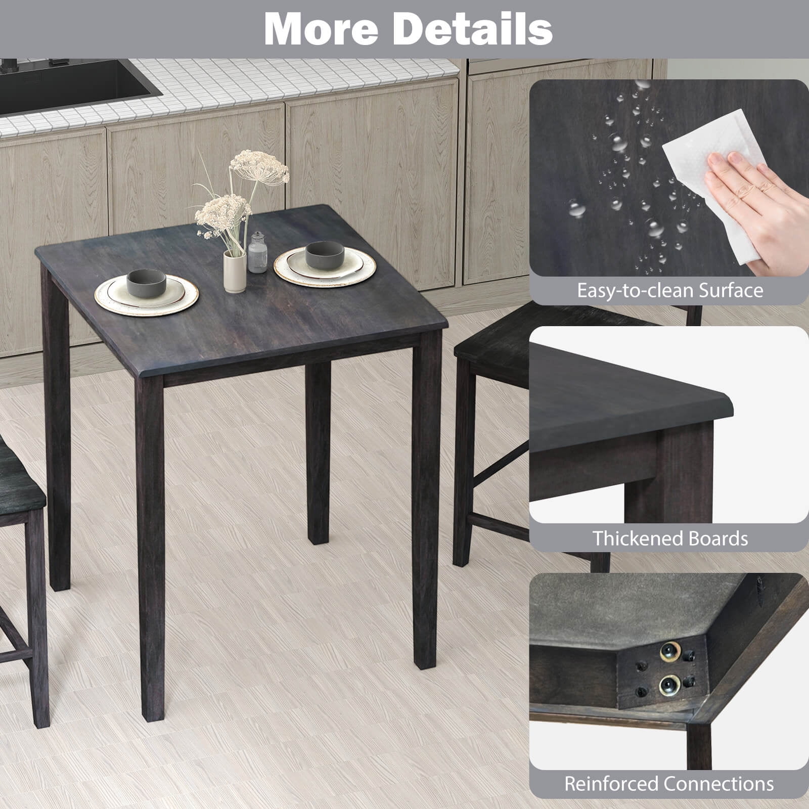 Costway Square Dining Table for 4-Person with Solid Wood Frame for Dining Room