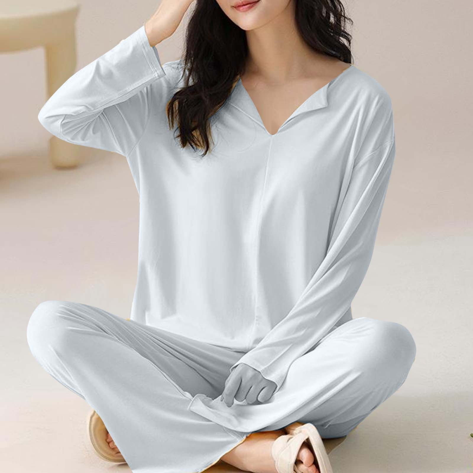 Oalirro Pajamas for Women Set 2 Piece Solid Color Soft Long Sleeve Pjs Pullover Top with Pants Breathable Loungewear Home Pajama Sets