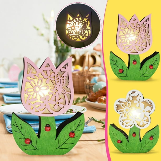 Lámpara de flores de Pascua LED - Decoración de madera de Pascua con iluminación cálida para casa, fiesta navideña y decoraciones de oficina, 4,4x0,9x5,5 pulgadas