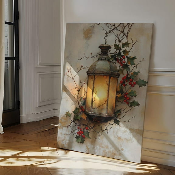 Velto Vintage Lantern Holiday Canvas Art - Holly Berries Rustic Wall Decor for Cozy Winter Holiday in Farmhouse Style, SIZE 8x10 INCLUDE Pine Wood Frame 1.25-Inch