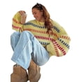 thumbnail image 3 of Women'S Striped Color Block Long Sleeve Oversized Sweater Top Fall Casual Chunky Knit Sweater Yellow S, 3 of 6