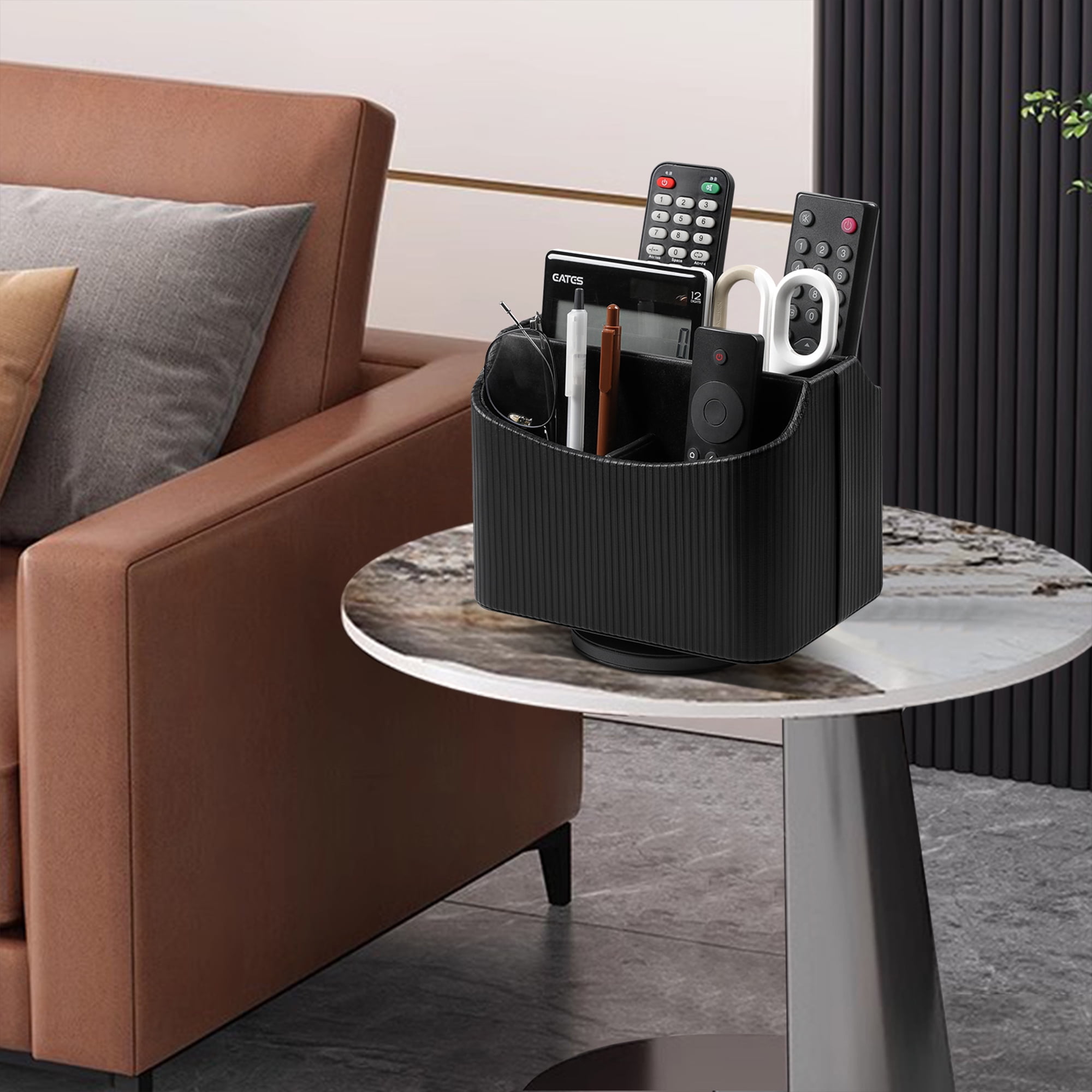 PU Leather Remote Control Holder, 360 Degree Rotating Desk Organizer Storage Table Remote Caddy, Spinning Bedside Organizer Nightstand Organizer for Desktop Office Home (Black)