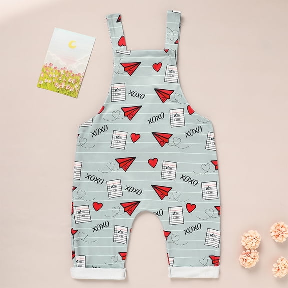 ZEHJUHAN Baby Boy Girl's Casual Heart & Paper Plane Print Overalls Adjustable Strap Romper For Spring Fall Gray,0-3M