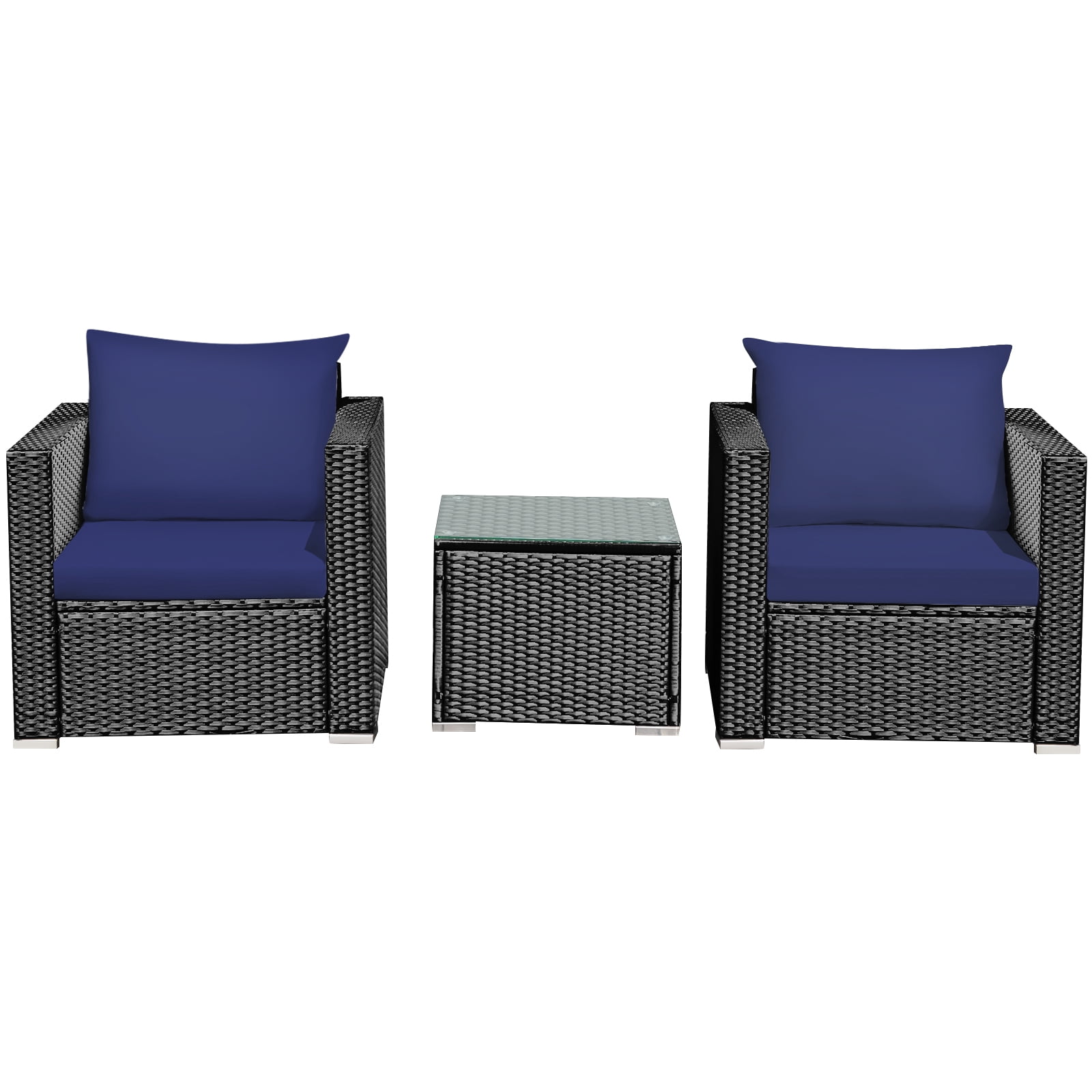 Patiojoy 3PCS Patio Rattan Furniture Conversation Set with 2 Cushioned Sofas & Coffee Table for Outdoor Navy