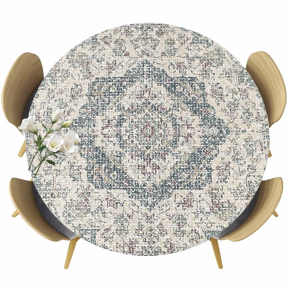 Beige Boho Floral Round Tablecloth, Fitted Table Cover with Elastic for 36"-44" Round Tables, Medieval Vintage Ethnic Flower Abstract Table Cloth Outdoor Indoor Dinning Party Waterproof Tablecloths