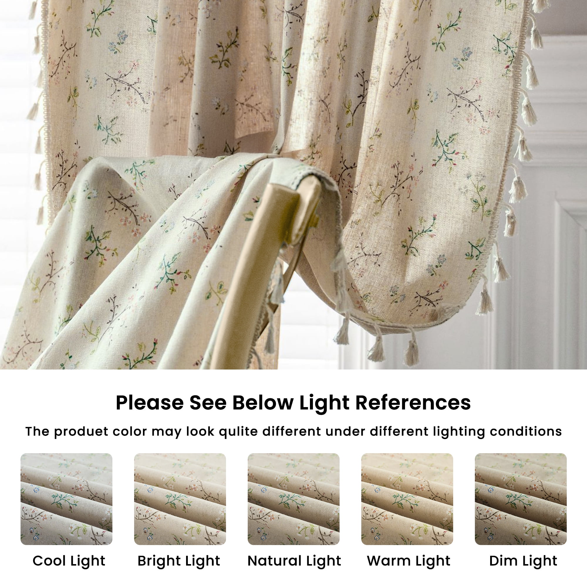 TURKIO 2 Panel Farmhouse Floral Linen Semi- Blackout Curtains,84 inches, Beige,for Living Room