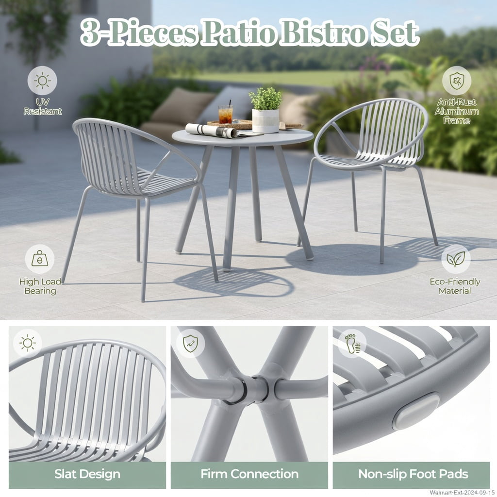 Hommoo All-Weather Outdoor Patio Conversation Set, 2 Ergonomic PP Chairs + Round Coffee Table, Heavy-Duty Metal Frame, Waterproof & UV-Resistant for Backyard, Poolside, Living Room, Gray