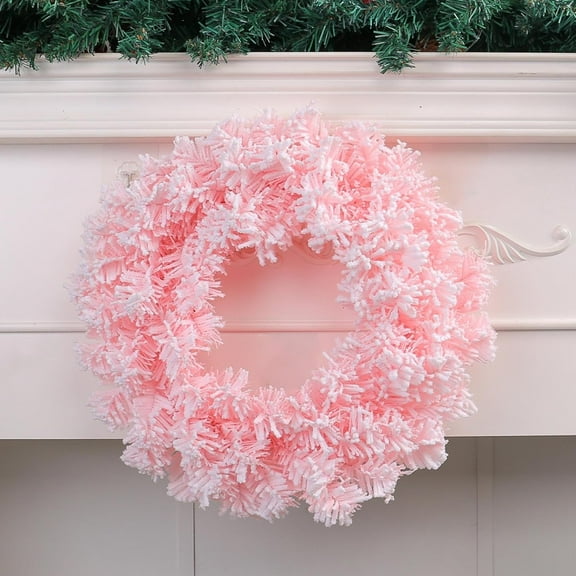 12" Pink Pine Flocked Christmas Wreath Artificial Snowy Fir Christmas Wreaths for Front Door Hanging Winter Holiday Wreath Christmas Decorations Indoor for Windows Fireplace Wedding Party Decor