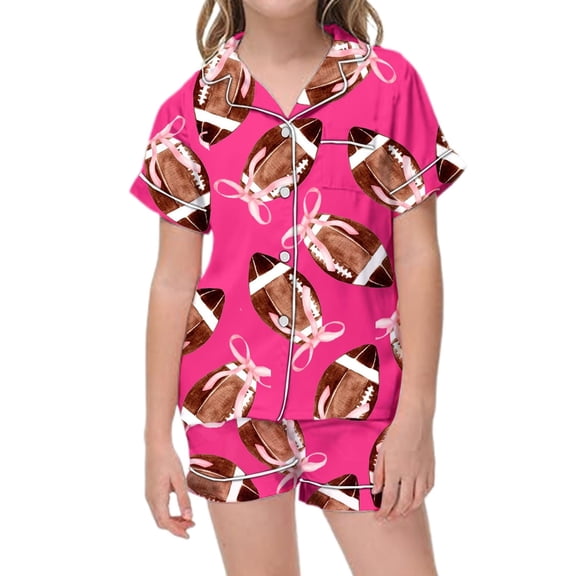RUTAYY Girls Pajama Set Bow Accent Football Pattern 2 Piece Top and Shorts Short Sleeve Notch Neck Kids Daily Sleep Outfit Hot Pink