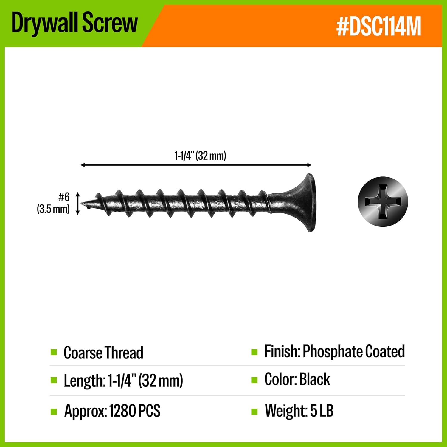 MEITE Drywall Screws, #6 x 1-1/4" Coarse Thread Wood Screws for Drywall, Wood and Furniture (5 LBS)