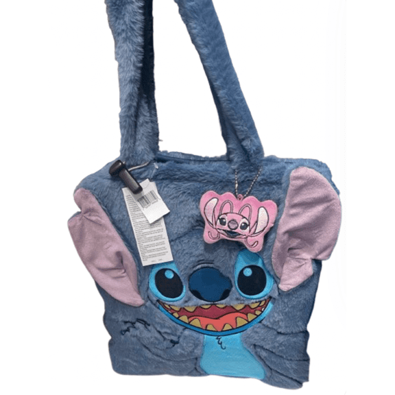 Disney Parks Soft Plush Fluffy Stitch Tote Bag and Angel Charm New with Tag