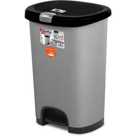 Hefty Select 12.7 G Lockable Step On Wastebasket with Soft Close Lid, Silver Gray