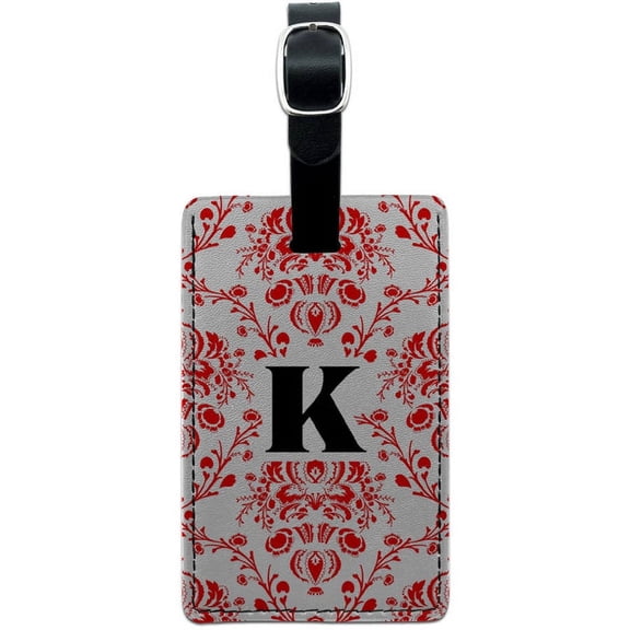 Letter K Initial Damask Elegant Red Black White Leather Luggage ID Tag Suitcase