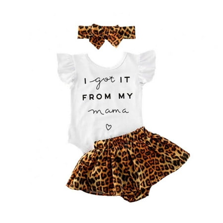 

Newborn Baby Girl Summer Leopard Outfits Ruffle Sleeves Romper Tutu Shorts Headband 3PCS Cute Clothes Set