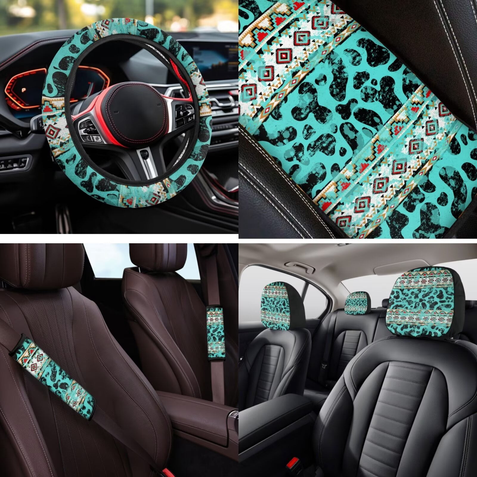 Garronmavis Aztec Cow Print 14 Pack Car Seat Covers Set with Car Head Rest Cover Steering Wheel Protector Armrest Cover Car Seat Belt Covers Keychain and Coaster Universal Fit for Most Cars SUV