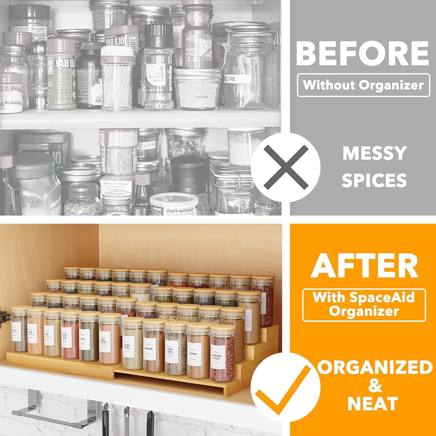 SpaceAid Expandable Spice Rack Organizer for Cabinet, Bamboo, 4 Tier