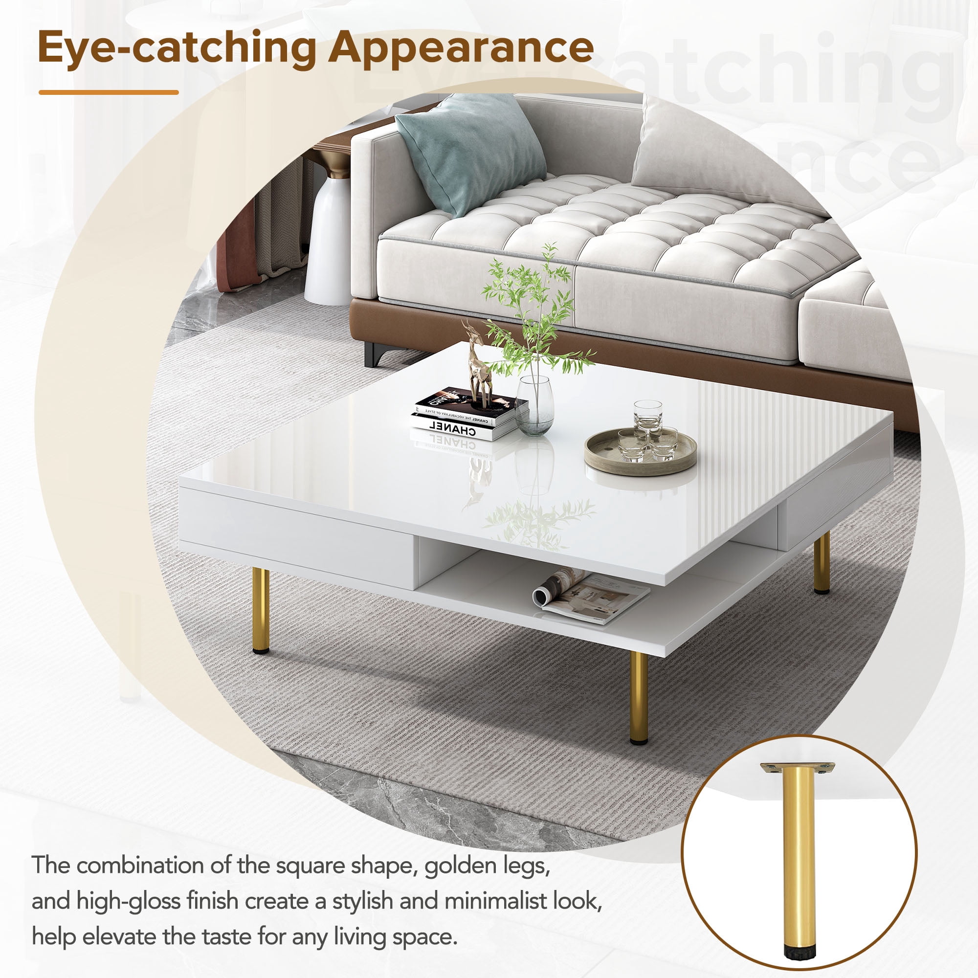 MAYEERTY High Gloss White Coffee Table with 4 Golden Legs, 2 Small Drawers, 2-Tier Square Center Table for Living Room, Modern Storage Table with Open Shelves, Elegant Coffee Table with Storage,White