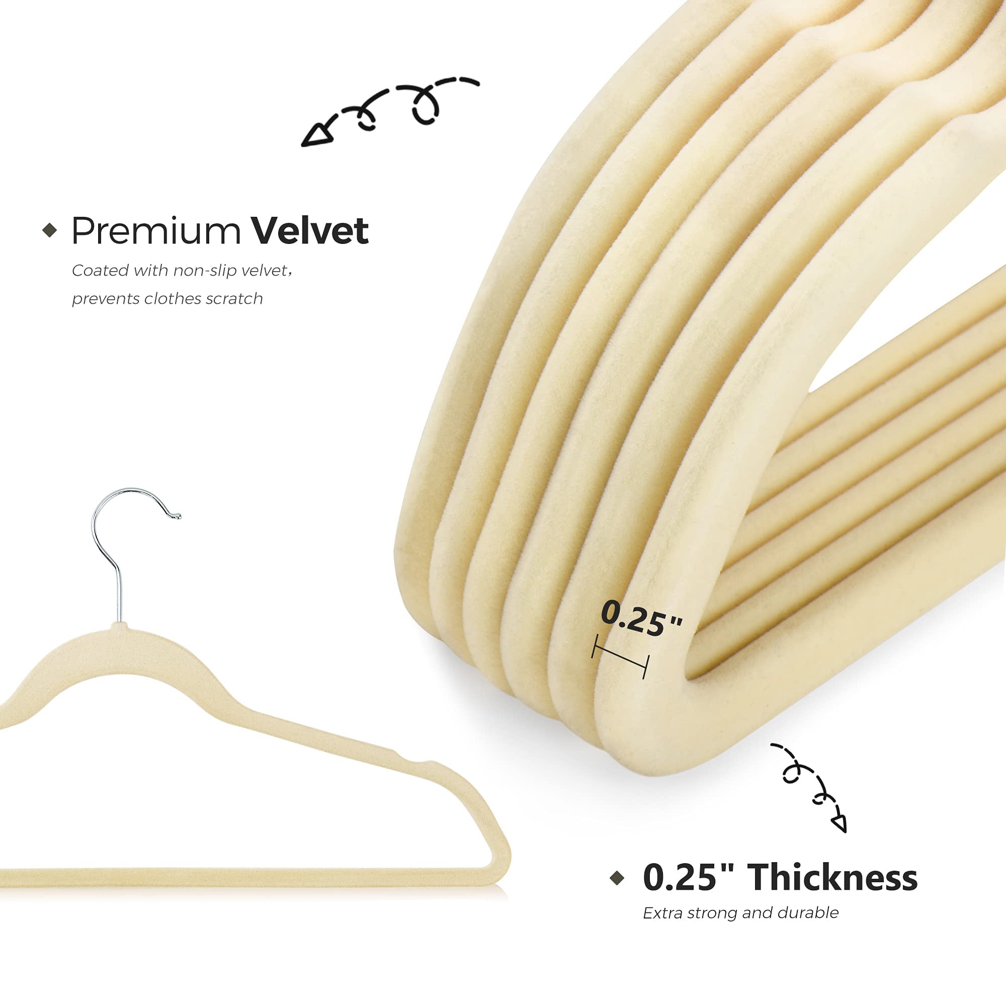 ACSTEP Velvet Hangers 60 Pack, Non-Slip Felt Clothes Hangers, with 360 Rotating Hook - Beige