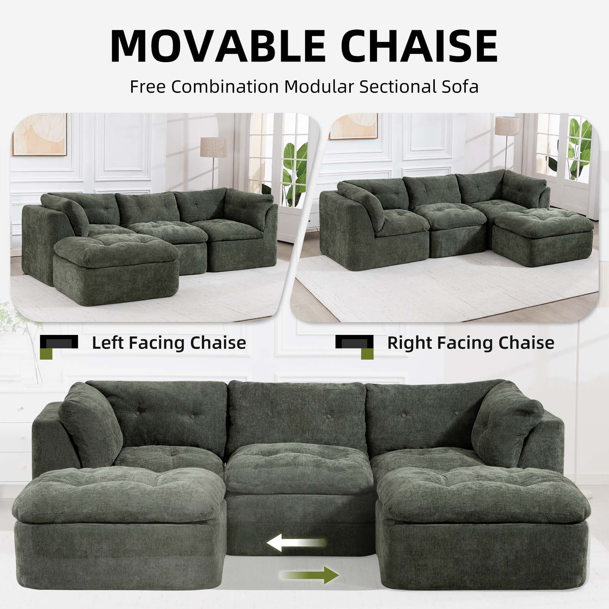 106.29" Sectional Sofa, 3 Seater Modular Sectional Floor Sofa with Ottoman, Chenille Cloud Couch for Living Room, Deep Seat Sofa, Green