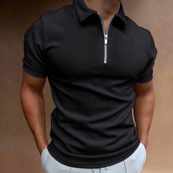 ZHOGXU Men's Polo Shirt Short Sleeve Lapel Half Zipper Solid Color Stylish Comfortable Blouse For Casual Daily Wear,Black,L