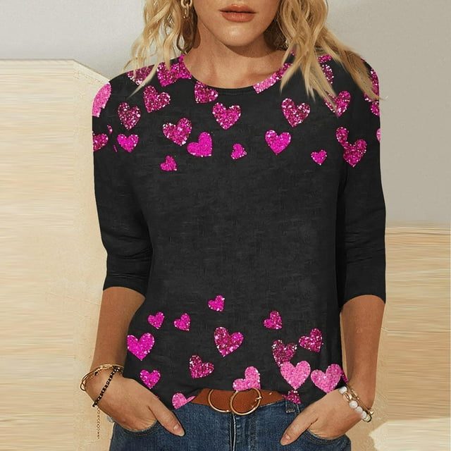 RKSTN Valentines Gifts 3/4 Length Sleeve Womens Tops Oversized Crewneck Valentine's Day Graphic Printed Short Sleeve T Shirt Womens Casual Round Neck Loves Heart Print Three Quarter Sleeve Shirts