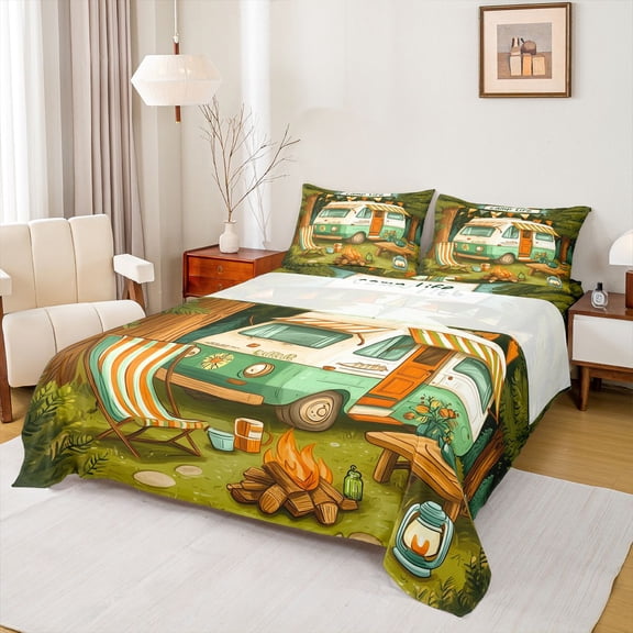 Catabedysis Retro Camper Bed Sheets,Camp Life Print Full Size Sheets For Boys,Multicolor,4 Pieces,1 Flat Sheet, 1 Fitted Sheet and 2 Pillowcases