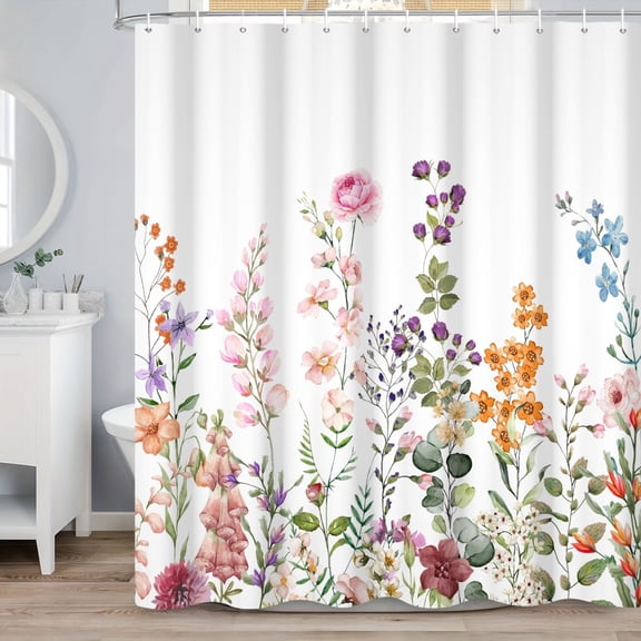 SUNOLIFE Spring Floral Shower Curtain,Colorful Flowers Waterproof Fabric Bathroom Curtain with Hooks,72"W x 72"L